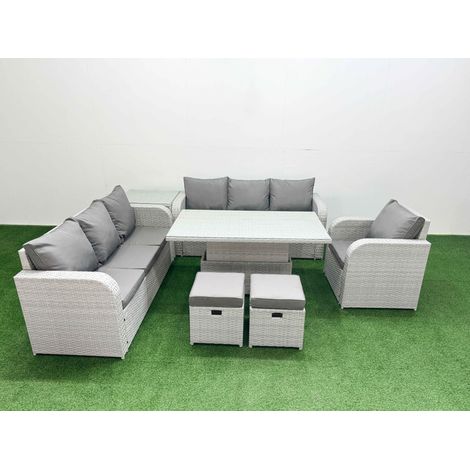 Fimous 9 Seater Poly Rattan Outdoor Garden Furniture Adjustable Lifting Dining or Coffee Table Sofa Set Patio 3 Seater Sofa Reclining Chair 3 Seater Sofa Stools Side Table Light Grey (1/5)