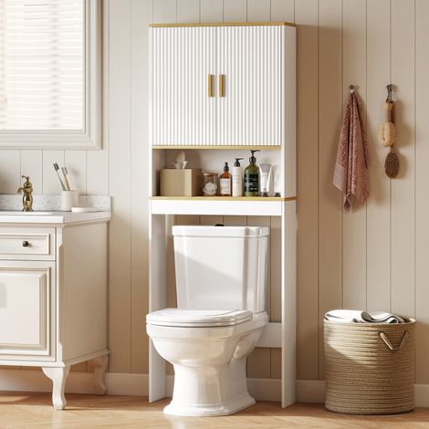 Meuble WC rangement au-dessus des toilettes 3 niveaux étagère de toilettes avec étagères réglables. 64x20x170.5cm. blanc