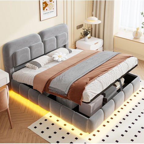 Etagenbett 140/200 cm in velluto grigio con LED e contenitore idraulico (1/5)