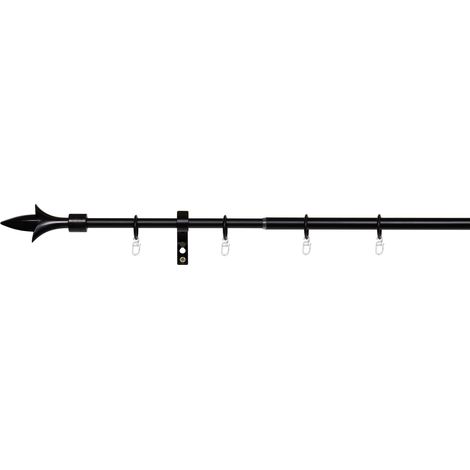 ondeco Gardinenstange ausziehbar 1-lauf, Vorhangstange Fenster Wandmontage, Endstück Lance Komplettgarnitur Teleskopstange 13/16 mm mit Ringen - Schwarz - 130-240 cm