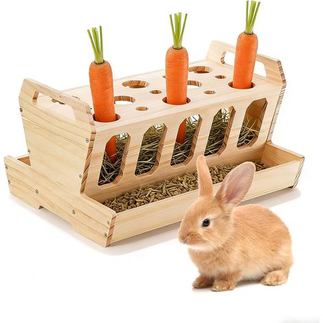Râtelier à foin en bois - Grand râtelier à foin en bois naturel avec porte-carotte - 30 x 22 x 18 cm - Auto-alimentation pour lapins, cochons d'Inde, hamsters et rongeurs (1/5)