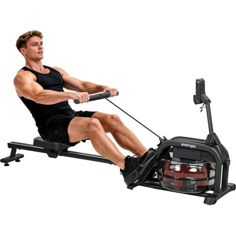 Geräuschloses Wasserrudergerät, Heimrudergerät mit verstellbarem 6-11L-Tank, LCD-Bildschirm und Tablet-Halterung, schwarzer Rahmen 170x46x77cm, Cardio-Training für zu Hause.