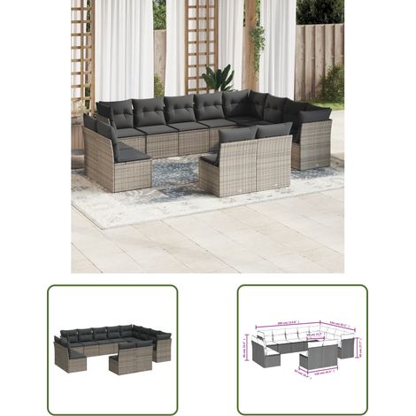 The Living Store 12-tlg. Garten-Sofagarnitur mit Kissen Grau Poly Rattan - Gartenmöbel - Outdoor Möbel - Rattan Sofa - Lounge Set - Gartenlounge (1/3)