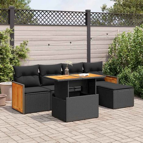 6 Piece Garden Sofa Set with Cushions Black Poly Rattan Acacia vidaXL (1/5)