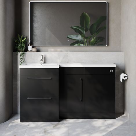 Napoli 390 Matt Black 1500mm 2 Drawer Vanity Unit Toilet Suite with Left Hand Square Lucia Basin - 1500mm - Chrome 320mm HandleWithout Kingston Toilet Pan