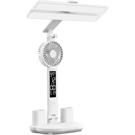 Lámpara de escritorio LED con doble pantalla, 3 modos de color, ventilador incorporado y soporte para teléfono. Ideal para estudiar y trabajar. (1/5)