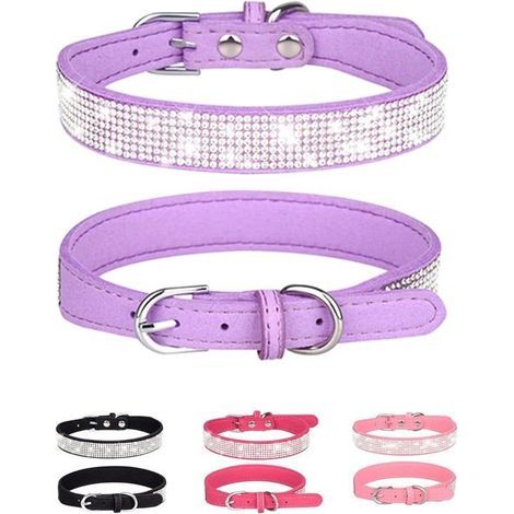 Hundehalsband für kleine Hunde, verstellbare Hundehalsbänder aus Leder und Wildleder, schwarzes Katzen-Hundehalsband (S, lila) (1/5)