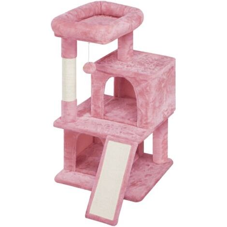 Yaheetech Arbre à Chat avec Griffoir et Poteaux en Sisal Centre d'activités 2 Niches 1 Boule de Peluche et 1 Platforme 49 x 45,5 x 91 cm Rose