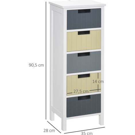 HOMCOM Holzkommode mit 5 Schubladen, zusätzliche Aufbewahrungskommode mit erhöhten Füßen, moderner Stil für Schlafzimmer, Wohnzimmer, Badezimmer, 35 x 28 x 90,5 cm, mehrfarbig