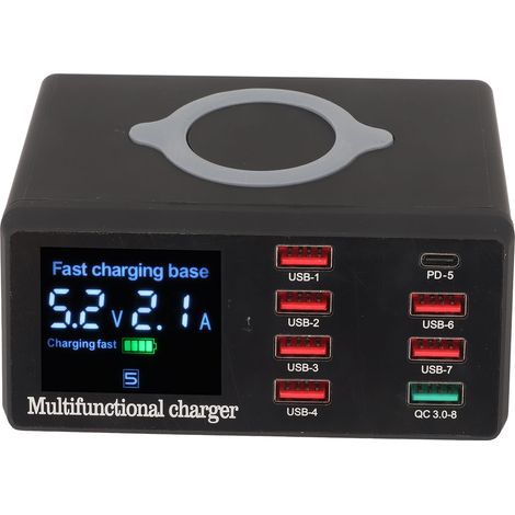 Station de charge USB 100W 8 ports, charge rapide QC 3.0 et PD 18W, charge sans fil, compatible universelle 100‑240V, prise EU (1/5)