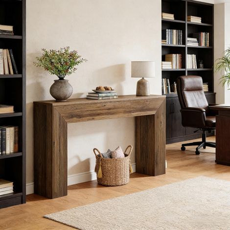 Table basse rustique en bois, console longue pour couloir, meuble d'appoint étroit, pièce unique seule, style campagne. (1/5)