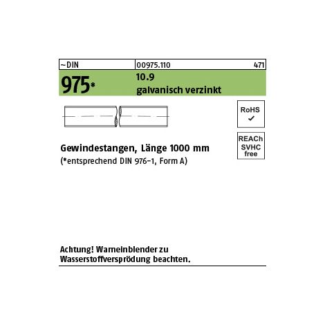 DIN 975 Gewindestange VG M12x1000 Stahl 10.9 galvanisch verzinkt