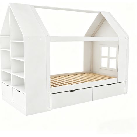 Letto casetta bambino 90 x 200 cm con 2 cassetti, LED, ripiani, bianco (1/5)