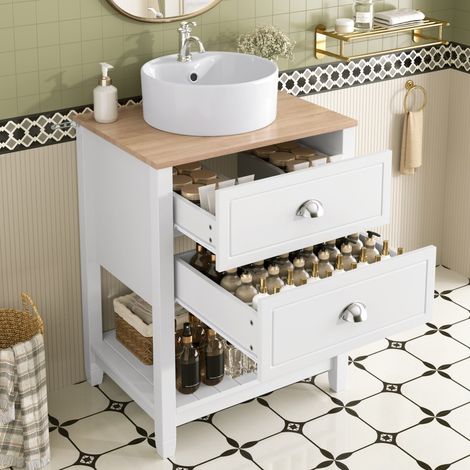 Meuble vasque salle de bain blanc avec vasque ronde céramique, 2 tiroirs et rangement ouvert, aspect bois, sur pied - 60x45x91cm (1/5)