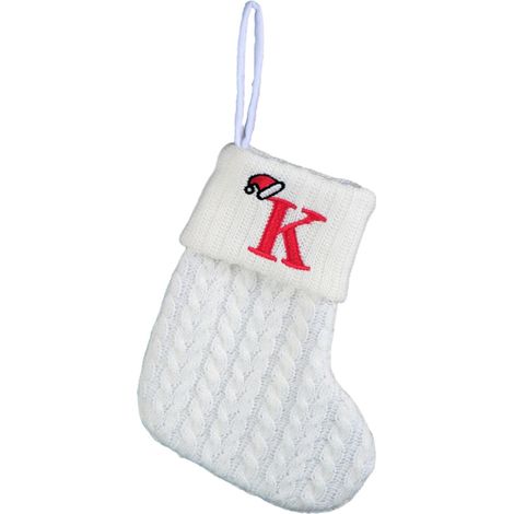 Chaussette De Noël - Tricotée Blanche Avec Broderie Lettre - Décoration Arbre De Noël Et Cheminée - Lot De 1 (1/5)