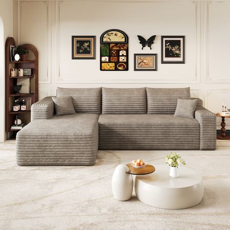 Canapé d'angle compressé 3 places en Velours Côtelé Kaki,Chaise longue gauche,Style minimaliste moderne,Sans assemblage,241x151x58cm (1/5)