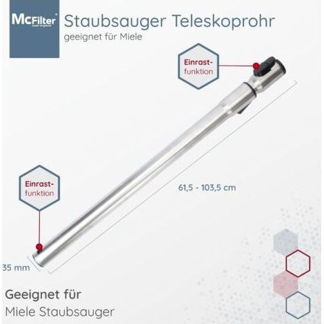 Tube télescopique en acier inoxydable pour aspirateurs Miele S2/S4/S5/S6/S8/C1/C2/C3 – Longueur extensible 61-103 cm – Système de verrouillage (1/5)