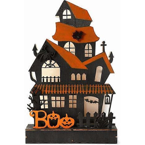 Halloween-Tischfiguren, 28 x 17 cm großes, beleuchtetes Kürbishaus-Ornament, Geisterbaum-Holzschild für die Dekoration von Partys im Innenbereich (1/5)