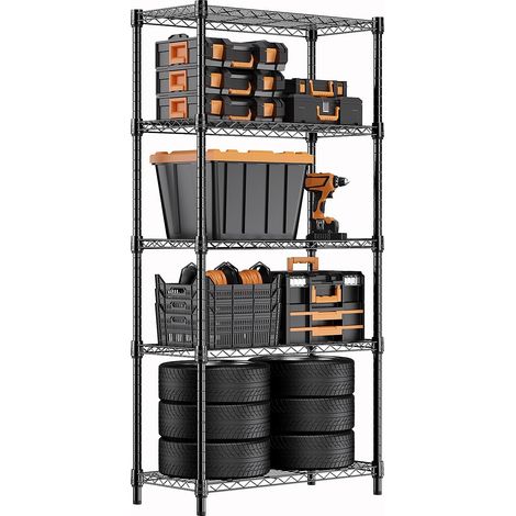 M MZG Étagère Métallique à 5 Niveaux, Capacité 567,5 kg, Étagère de Rangement en Acier pour Garage, Cellier, Buanderie et Garde-Manger, Noir, 35×60×158,7 cm (1/5)
