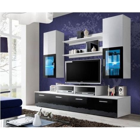 Ensemble meuble TV mural  - MINI - 200 cm x 190 cm x 45 cm - Blanc et noir - Livraison gratuite