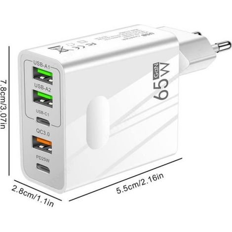 65-W-Schnellladegerät mit 5 Anschlüssen (2 USB-C + 2 USB + 1 QC 3.0) für Samsung Galaxy A41 (6,1 Zoll) – Weiß – Yuan