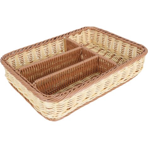 Panier de Rangement Tiroir 4 Compartiments en Rotin Synthétique Beige et Café Organiseur Ustensiles la Cuisine Maison Multifunctionnel pour Bureau - (1/5)