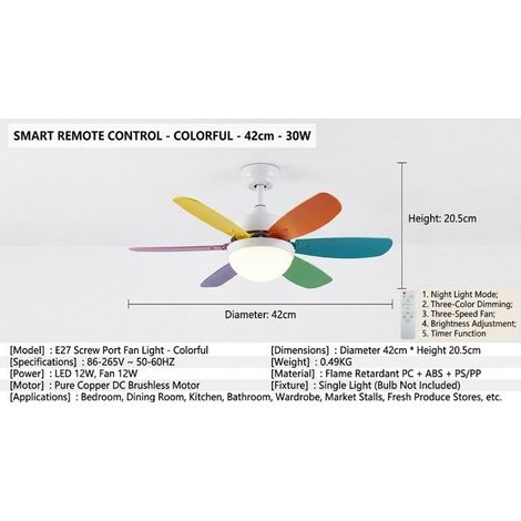 Ventilador de techo de 30 W con 6 aspas y luz de colores [42 cm] - Cambio de luz tricolor