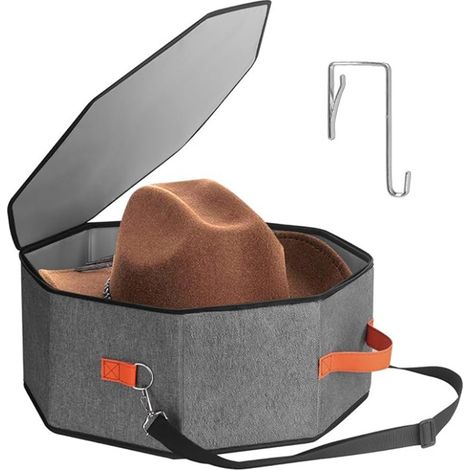 Boîte de Rangement Chapeau Polyester Gris Octogonale – Étui Portable Casquette Baseball, Fedora, Cowboy, Panama avec Crochet de Porte, Bandoulière et Poignées, Sac Rangement Dressing Chambre Homme Fem (1/2)