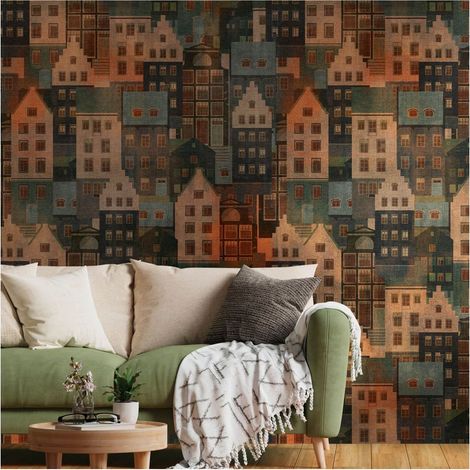 Photo wallpaper wall Profhome 391821 hot embossed non-woven wallpaper smooth with graphical pattern matt multicoloured brown grey orange olive green 1,59 m x 2,8 m (1/5)