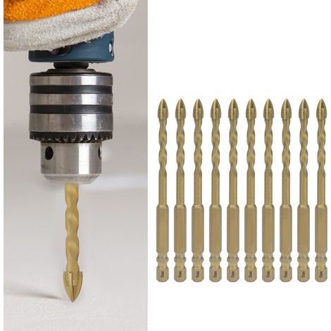 Lot de 10 forets en céramique à tige hexagonale et tête cruciforme pour percer les carreaux de céramique, le béton, le bois et le verre couleur cuivre, diamètre de trou de 6 mm. (1/5)