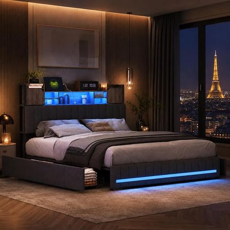 Lit avec Sommier LED et USB,Lit Double rembourré avec sommier à Lattes et 4 Tiroirs,Tete de lit avec Rangement,2 Personnes pour Adultes et Adolescents,Lin,Gris-140 x 190 cm (1/5)