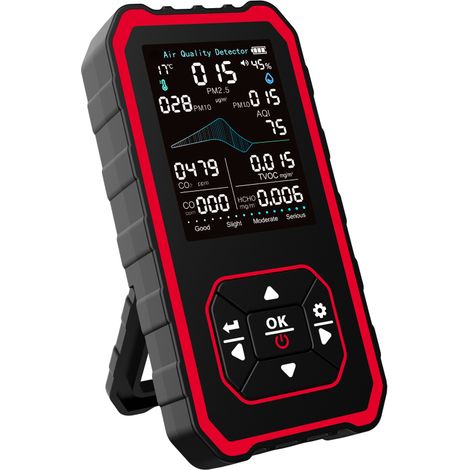 Analizzatore portatile 10 in 1 della qualità dell'aria interna con supporto, misurazione in tempo reale di AIQ, CO₂, CO, PM2.5, PM1.0, PM10, TVOC, HCHO, temperatura e umidità. Allarme integrato. Nero 