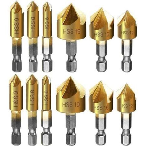 12-Piece Metal Chamfering Bit Set with Hex Shank, Self-Centering Punch, Chamfering Drill Bits, 6mm, 8mm, 9mm, 12mm, 16mm, 19mm (1/5)