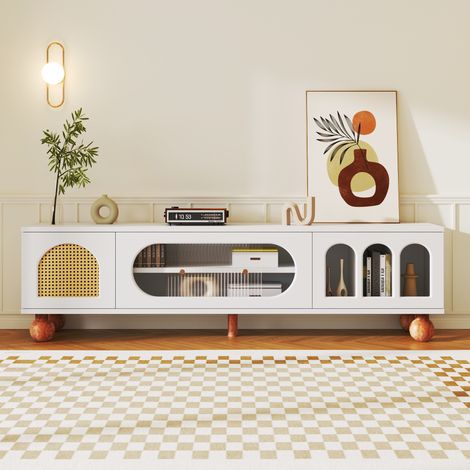 TV-Schrank Mit Rattan-Optik Tür, Glastür Schiebetür, 3 Offene Fächer, Lowboard (1/5)