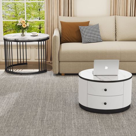 Table basse gigogne ronde 2 pièces, blanc, effet marbre brillant, 2 tiroirs, 30 kg, OKMYHOME (1/5)