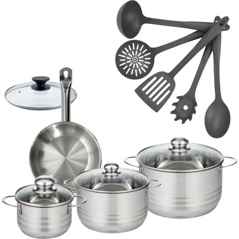 Set poêle 20 cm en inox et couvercle, 3 faitouts inox 16, 20 et 24 cm et 5 ustensiles Fackelmann Eterna (1/5)