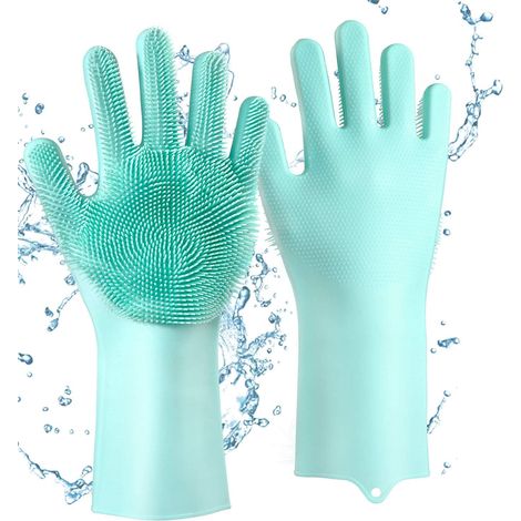 Gants en Silicone avec Brosse de Nettoyag, Sharp Réutilisables Gants Magiques Vaisselle pour Lavage, Vaisselle, Nettoyage, Cuisine, Ménage (BLUE), (1/5)