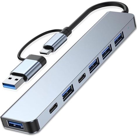 Adaptador/concentrador USB-C 7 en 1 con 1 puerto USB 3.0 y 2 puertos Tipo-C: admite carga rápida PD de 100 W y cuenta con 5 puertos USB 3.0. (1/5)