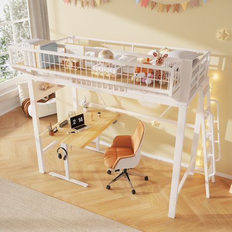Letto a soppalco 90x200 cm bianco in metallo con vani portaoggetti e scala reversibile (1/5)