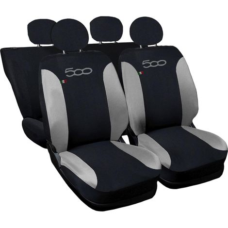 Lupex shop - Coprisedili Auto Compatibili per 500, Made In Italy, set di copri sedili anteriori e posteriori con copri poggiatesta incluso, New, tessuto poliestere, Nero - Grigio Chiaro