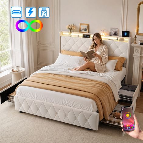 Lit double 160x200 cm ,Lit adulte avec LED et 4 tiroirs ,Ports USB,Tête de lit avec rangement ,Velours ,beige (1/5)