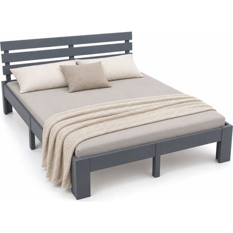 Relaxdays Estructura de cama 140 x 200 cm, madera maciza, con somier y cabecero, baja, 250 kg, gris (1/5)