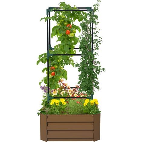 Hochbeet mit Rankgitter, Pflanzkasten mit Kletterhilfe, belüftetem Boden, witterungsbeständig, Maße 61 x 61 x 140 cm, braun