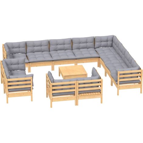 Set di mobili da giardino per esterni 13 pezzi con cuscini grigio legno di pino massiccio 020015737