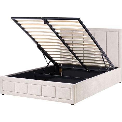 Ottoman Bed Taupe Chenille Upholstery EU Double Size 4ft6 Headboard Lift-Up Slatted Base Quilted Design Minimalist QUIBERON