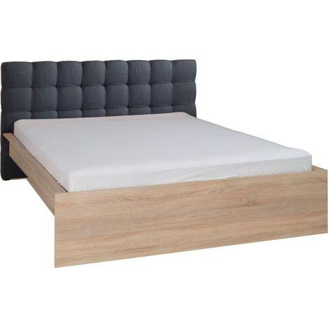 Cama 160x200 MAXIM con cajón y somier color roble claro y cabecero gris
