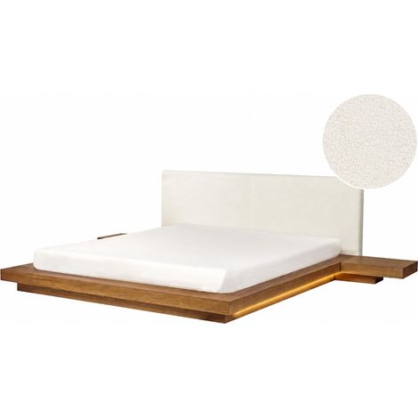 Cama moderna 180 x 200 cm con plataforma con LED mesitas de noche cabecero de bouclé madera de fresno natural Zen (1/5)