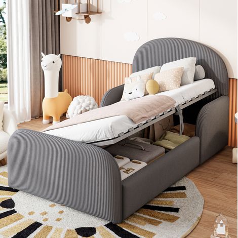 Cama infantil tapizada 214x102x102 cm con almacenaje hidráulico, cabecero alto, terciopelo gris (1/5)