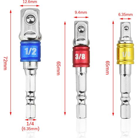 Ce jeu d'adaptateurs de douilles en 3 pièces comprend une clé hexagonale, un adaptateur de douille à impact, une douille à tête carrée de 1/2 pouce, une douille de 3/8 pouce et un tournevis électrique (1/5)