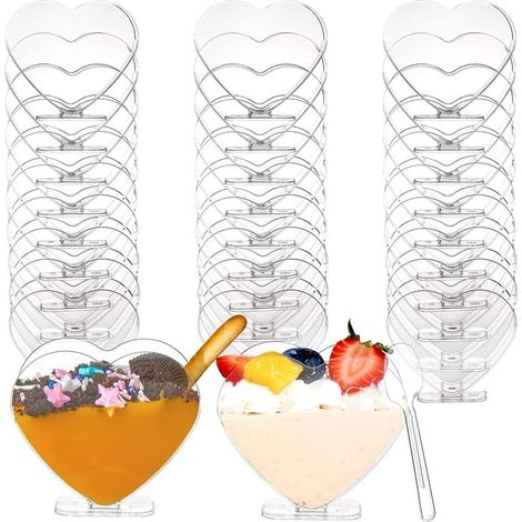 Lot de 20 mini-verrines à dessert en plastique transparent de 90 ml (3 oz), idéales pour parfaits et amuse-bouche. Petits bols de service en forme de cœur pour gâteaux et glaces.